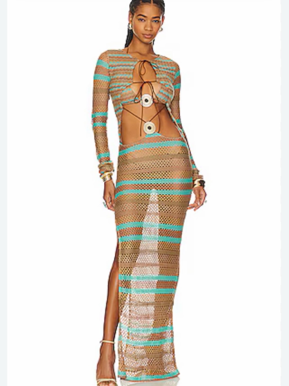 JADED LONDON Striped Knitted Maxi Dress Tan & Teal Crochet Cutout Swim Cover up